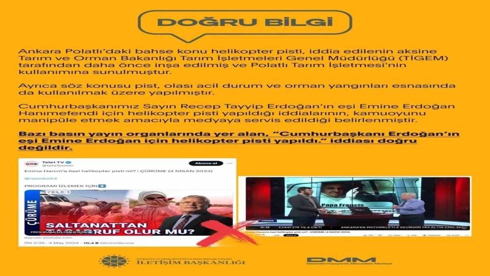 Dezenformasyonla Mücadele Merkezi: “’Cumhurbaşkanı Erdoğan’ın eşi Emine Erdoğan için helikopter pisti yapıldı’ iddiaları doğru değildir